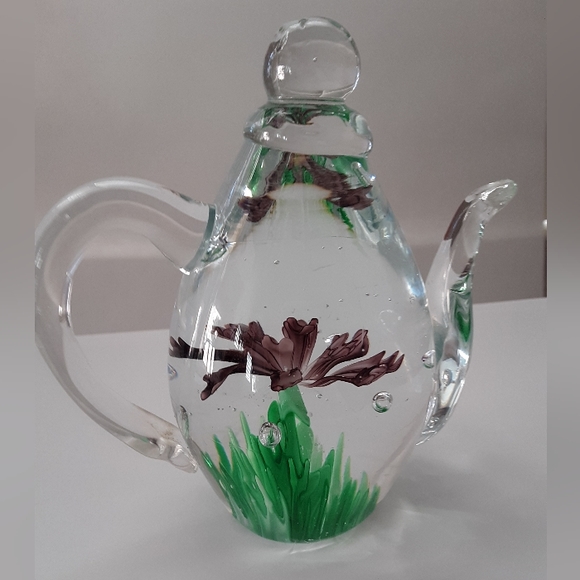 Glass, egg shaped teapot. Grass  and flowers inside. Weight: approx: 1.5 pounds. - Picture 2 of 4